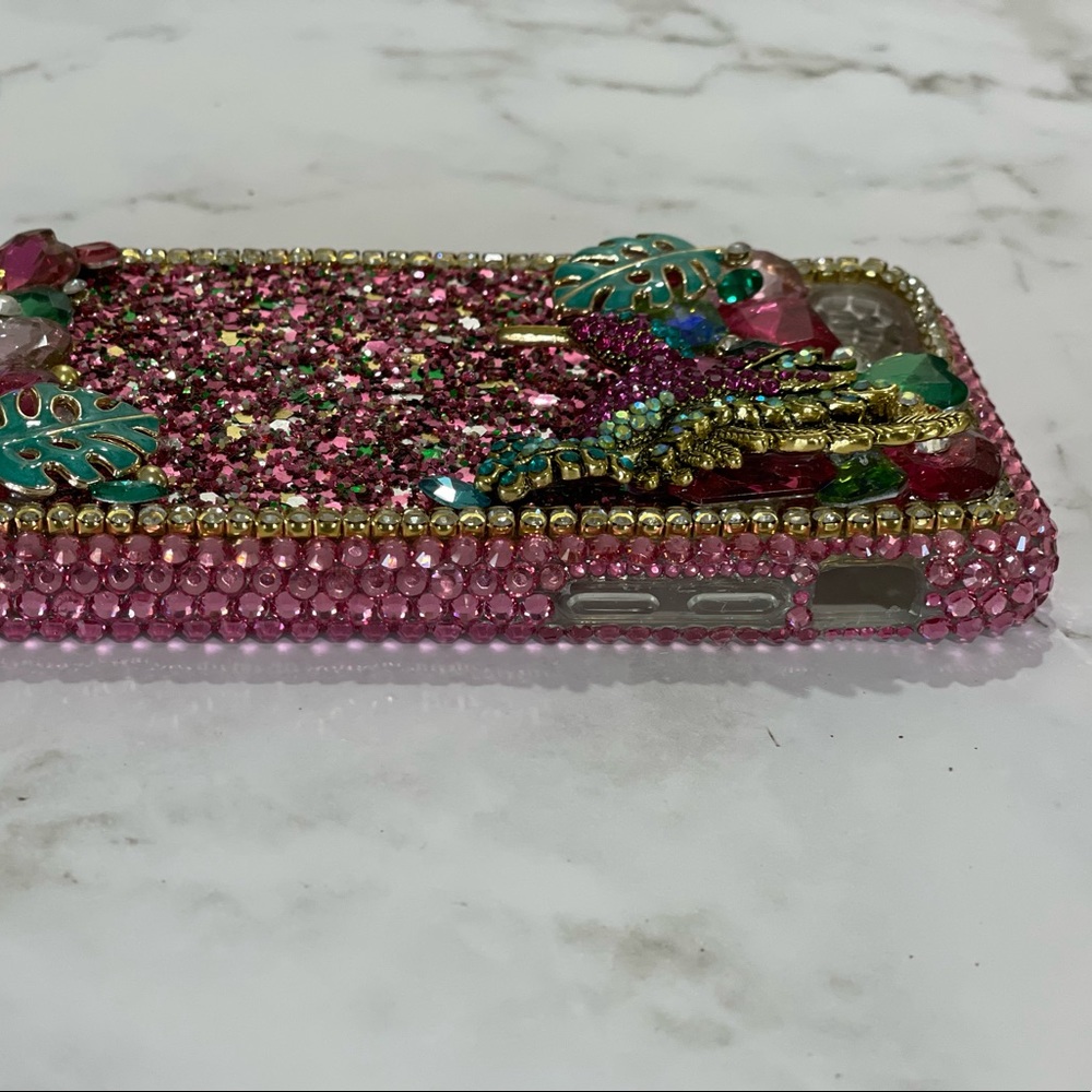 iPhone 7/8 case Pink crystals glitter tropical with hummingbird greenery - Picture 4 of 5